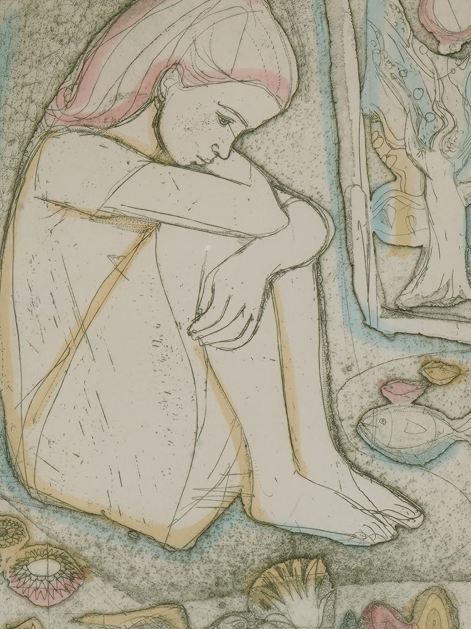 FRAMED ETCHING DREAMING GIRL SIGNED IRVING AMEN PIC-1